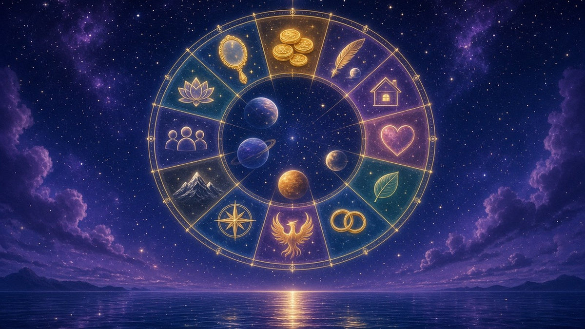 A majestic glowing astrological birth chart wheel floating in a starry night sky over a calm ocean