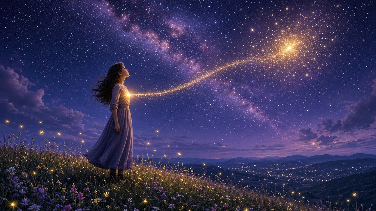 A young woman standing alone on a grassy hill at night, looking up at a breathtaking Milky Way