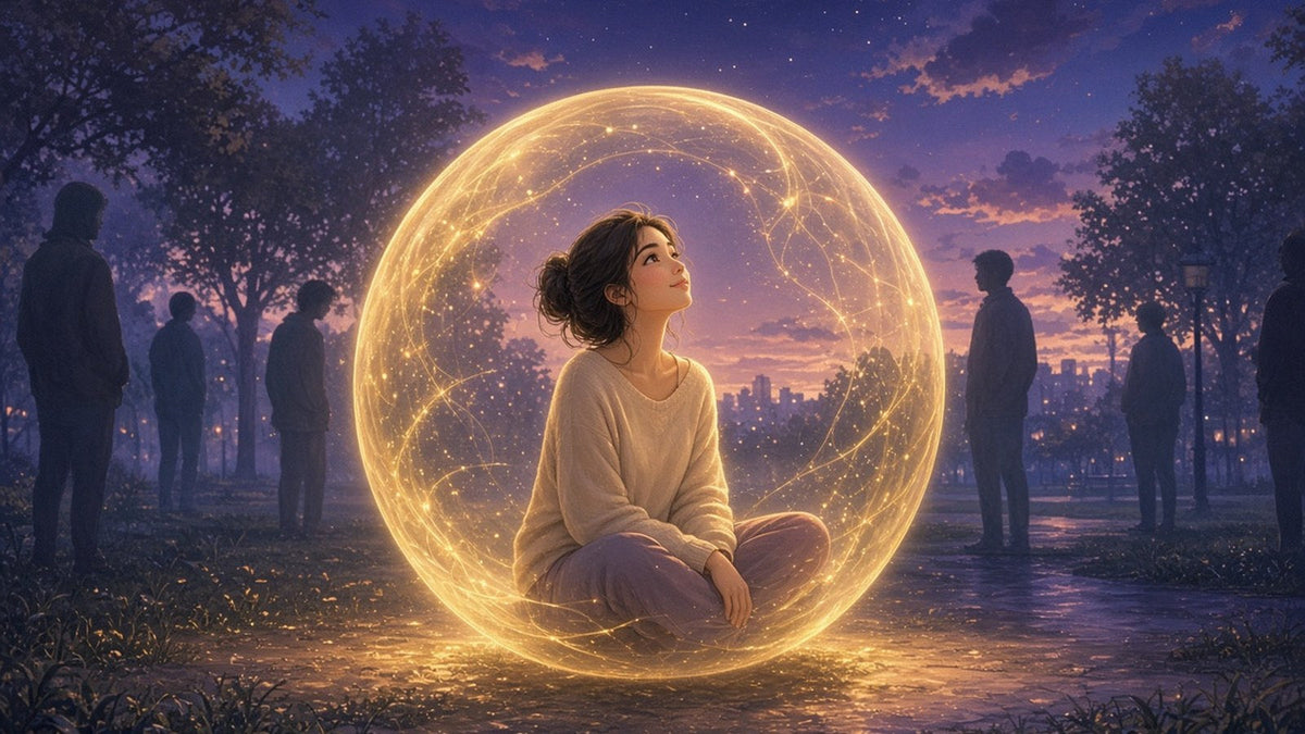 A gentle young woman glowing softly inside a translucent golden bubble of light in a park at dusk, calm and grounded