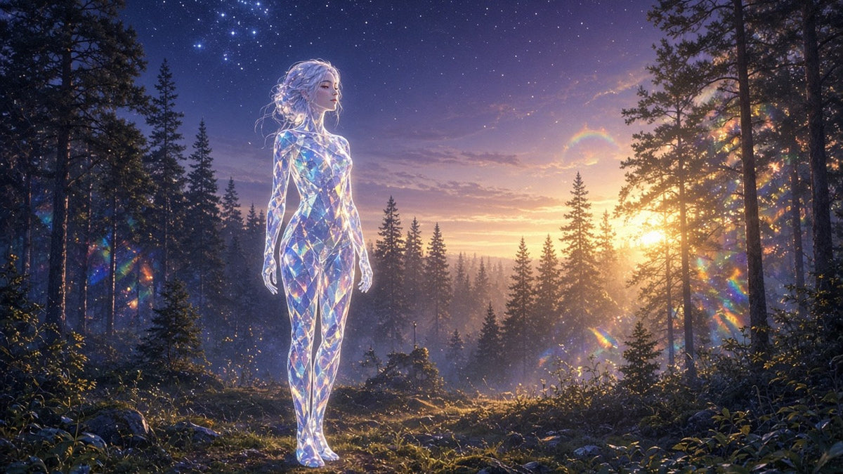 A serene woman standing in a forest clearing at sunrise
