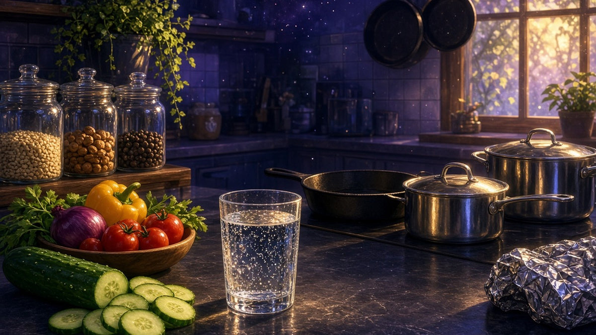 A bright, clean kitchen with glass jars, cast iron and stainless steel cookware glowing softly, fresh vegetables