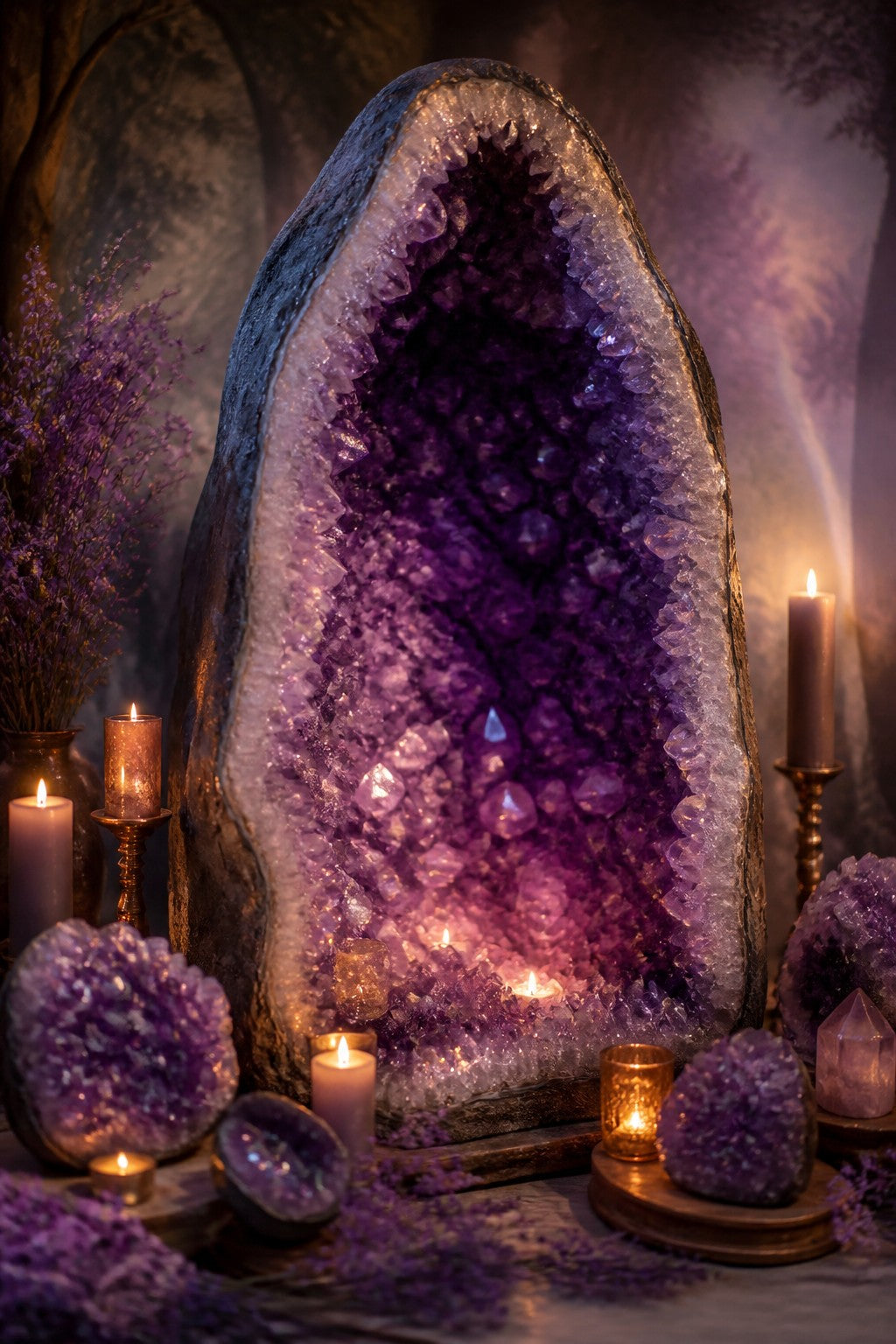 A large amethyst geode cathedral standing open like a violet cave, smaller clusters around it, candlelight glinting off the crystal points