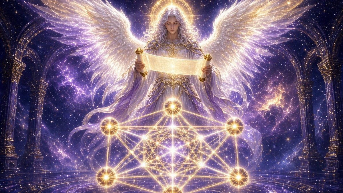 A majestic radiant archangel made of white, violet and golden light with vast wings