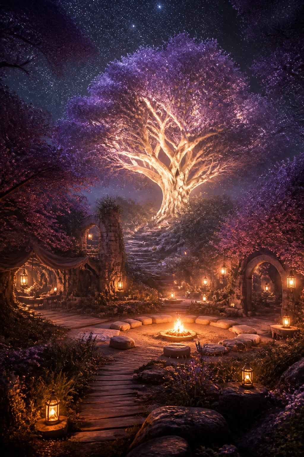 Bright Resistance Groves, a warm but worn sanctuary under purple canopy, soft lanterns, a campfire circle glowing, a starlit beacon tree radiating steady light against surrounding shadow, no people, no characters