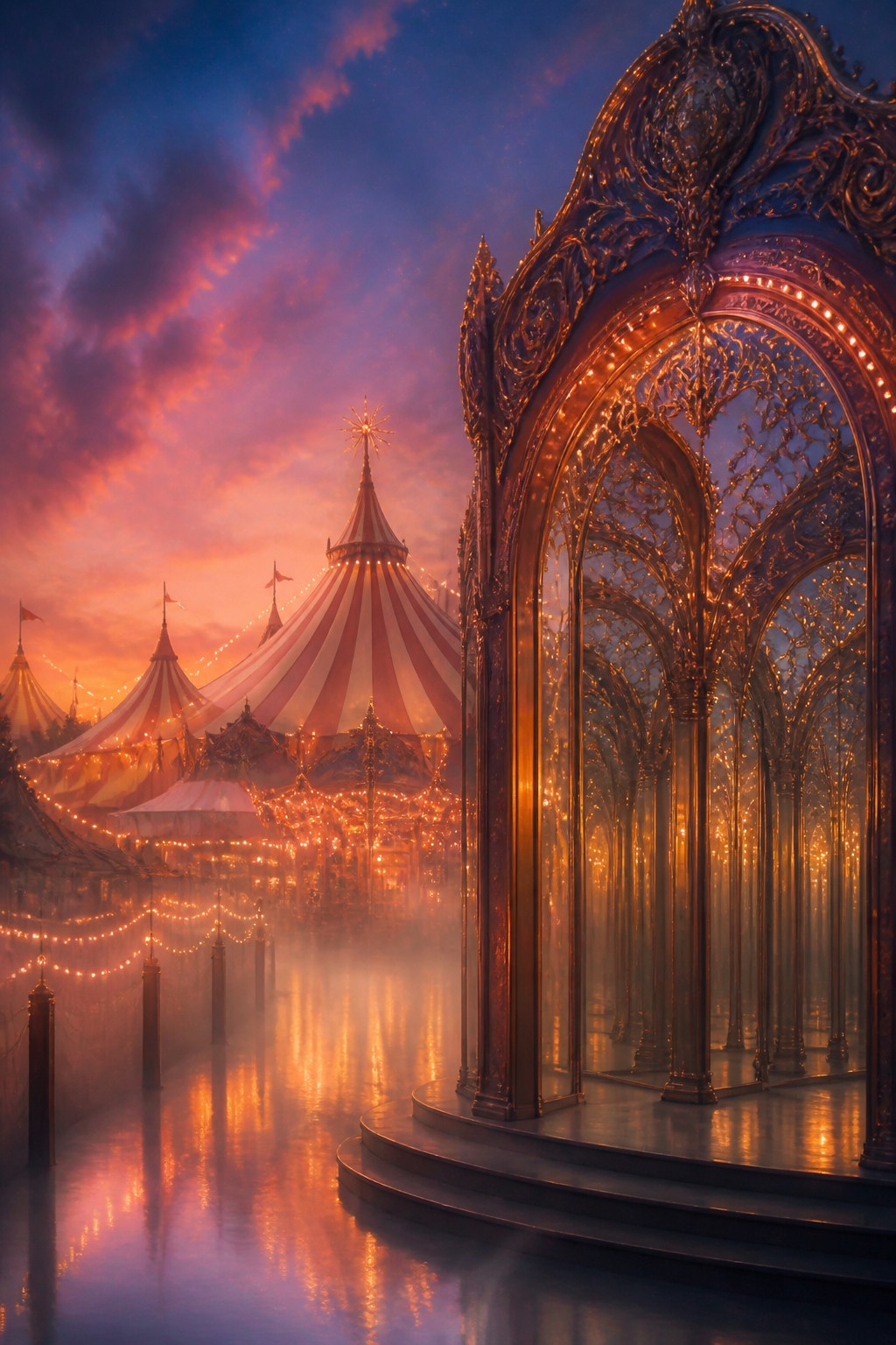 The Carnival of Echoes, a traveling festival of color and song, tents and midway lights, a big top and a hall of mirrors shimmering between delight and reflection, a sense of mood and mystery, no people, no characters