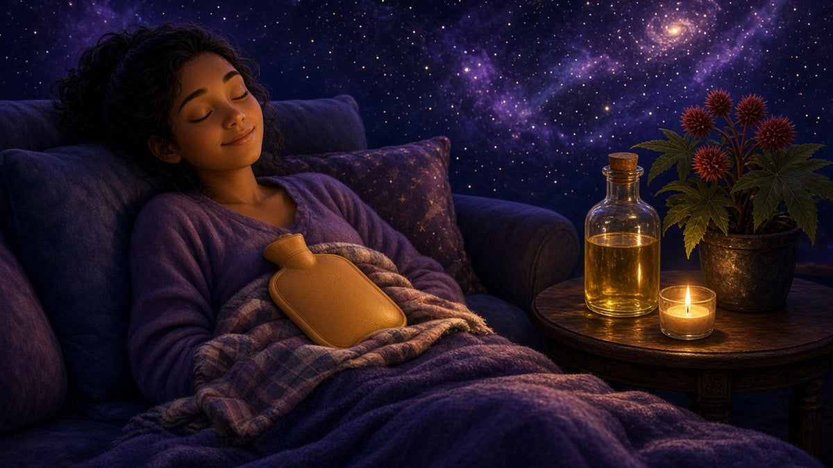 A calm person resting on a sofa with a soft flannel cloth over their belly, a hot water bottle on top