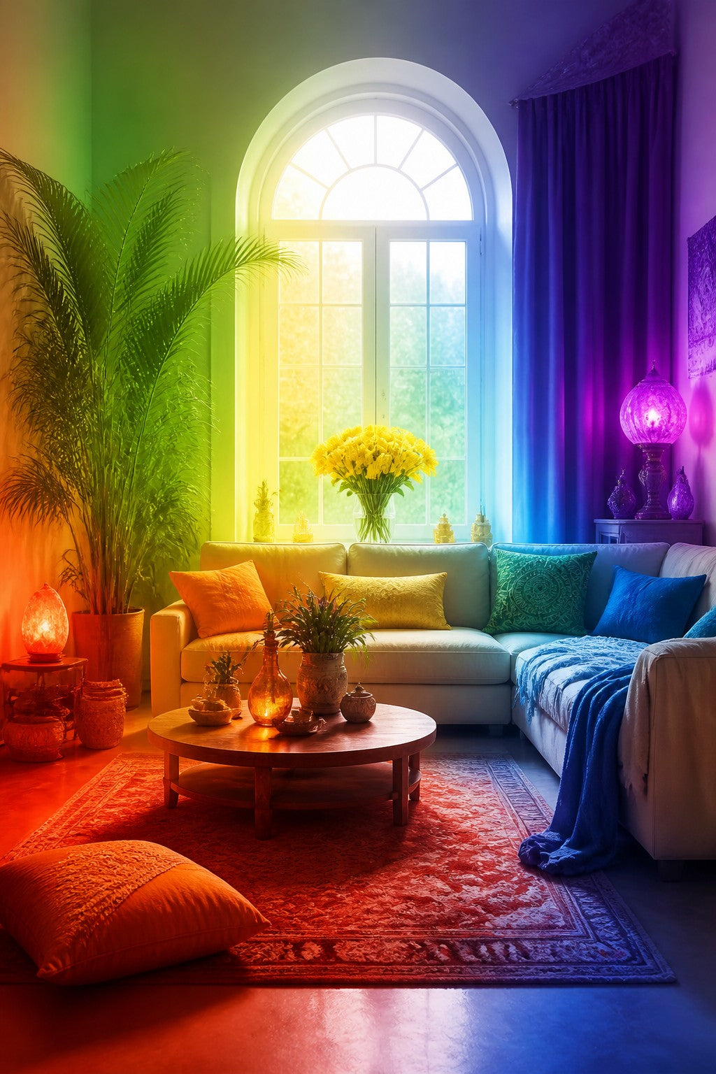 A bright home interior where each corner carries one chakra color, red rug, orange cushions, yellow flowers, green plants, blue throw, indigo curtains, violet lamp, harmonious glow