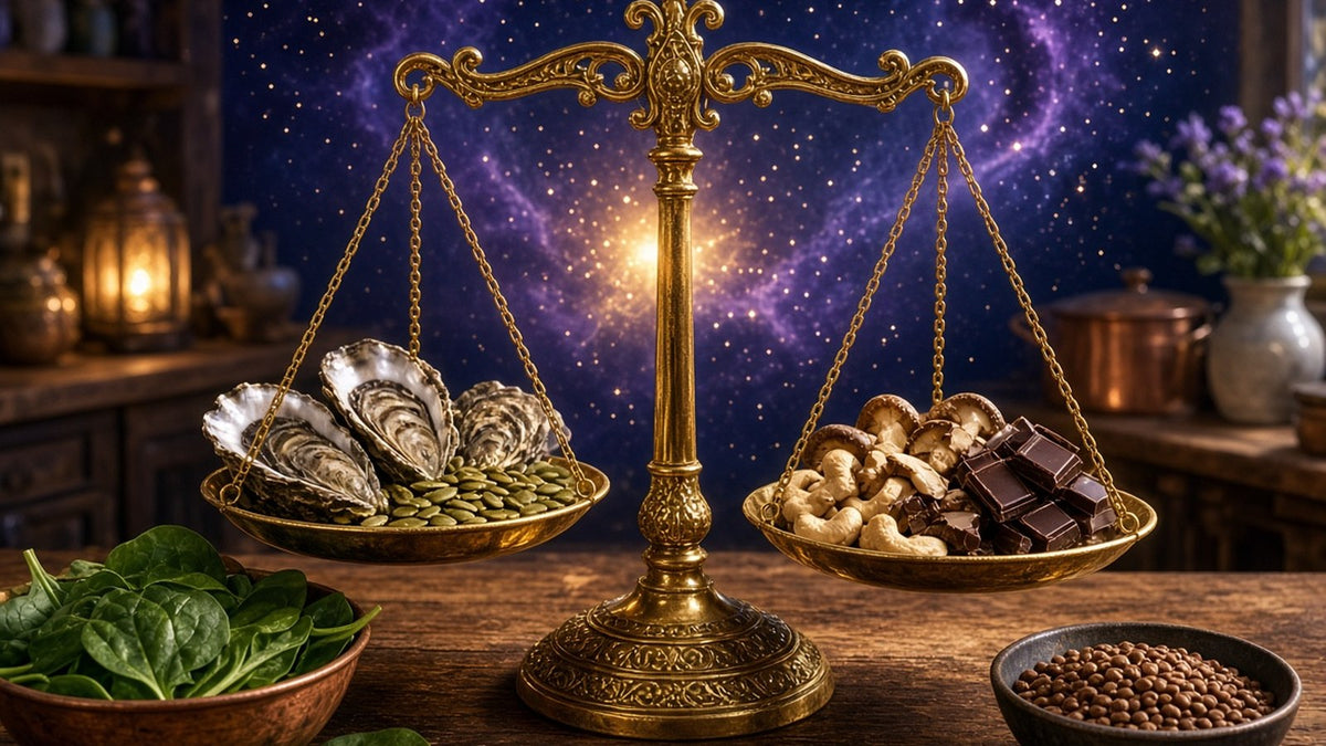 An elegant golden balance scale glowing softly on a wooden kitchen table, one pan holding fresh oysters and pumpkin seeds