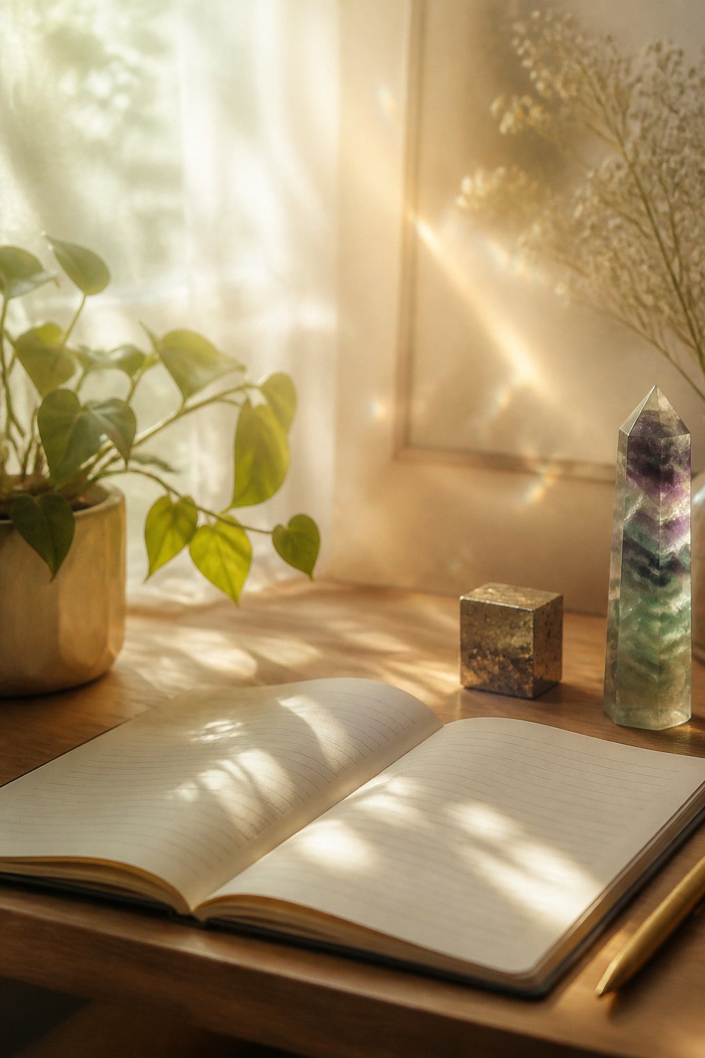 A tidy wooden desk with an open notebook, a small pyrite cube, a fluorite tower and a green plant, soft daylight and a gentle golden aura over the workspace