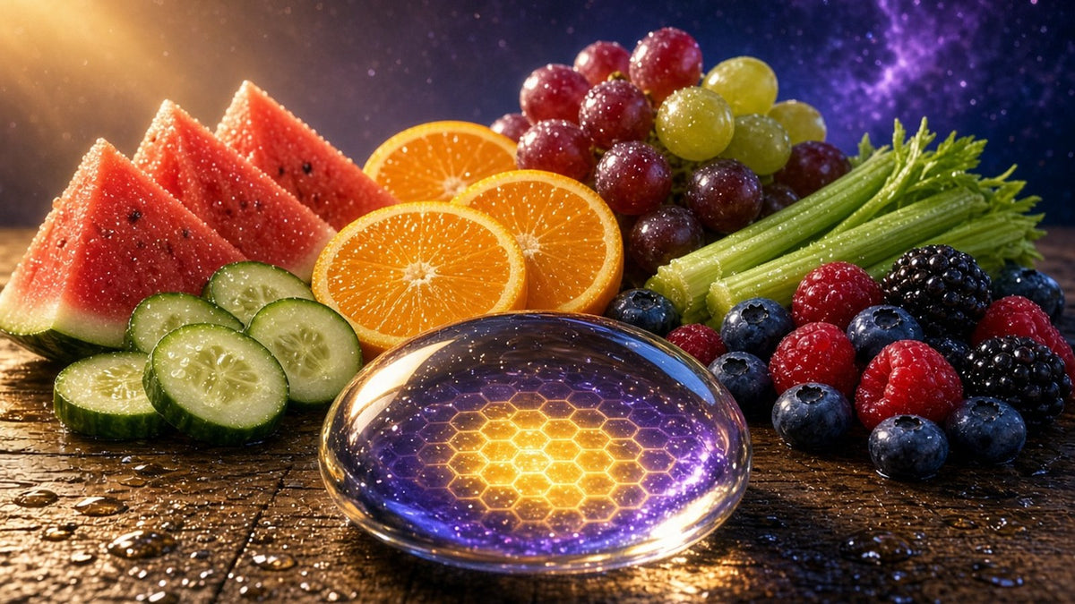 A colorful arrangement of water-rich foods, sliced watermelon, cucumbers, oranges, grapes, celery and berries