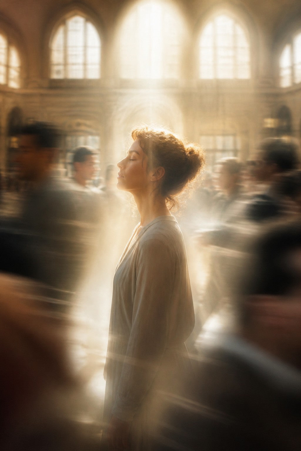 A person closing their eyes for a moment at a busy train station, time slowing, light spreading around them while the crowd blurs