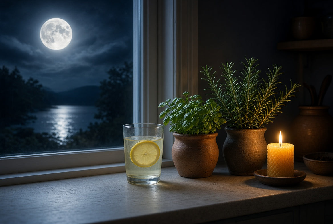Moonlit windowsill with a candle and journal for a calm full moon cleanse ritual