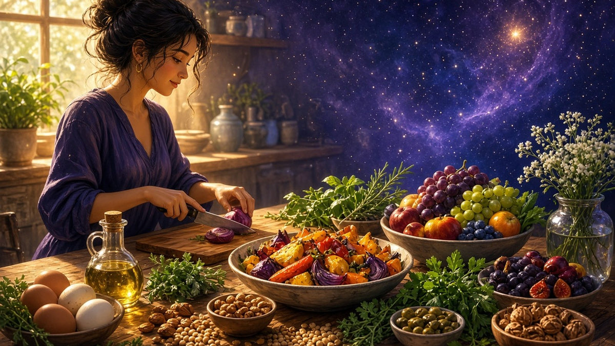 A bright kitchen table with a colorful spread of whole foods, roasted vegetables, fruit, nuts, olive oil, eggs and herbs