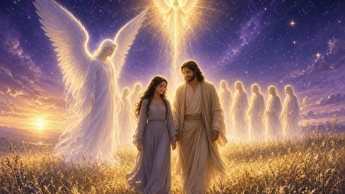A calm woman standing in a golden meadow at sunrise, a tall translucent guardian angel with soft wings standing behind her
