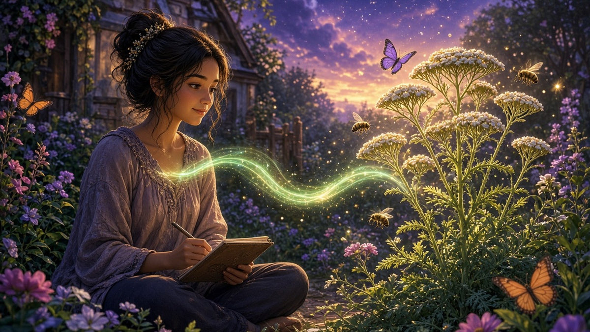 A calm young woman sitting cross-legged in a lush cottage garden at golden hour, facing a flowering yarrow plant