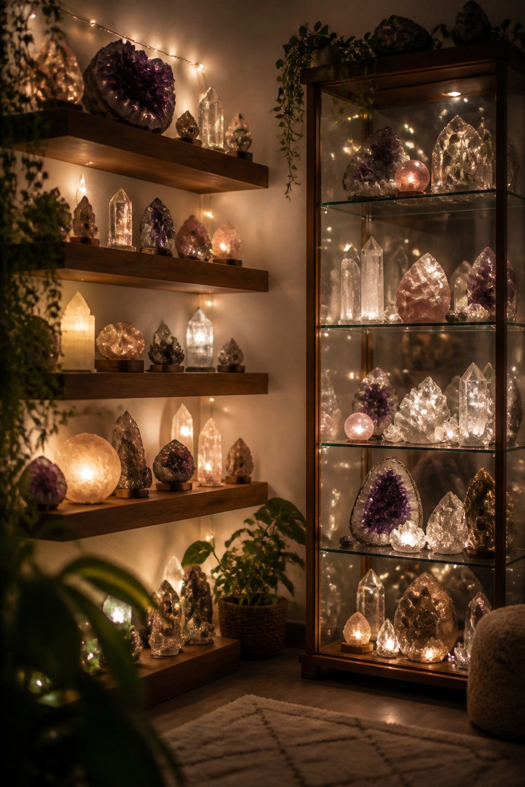 Wooden floating shelves and a glass cabinet holding a curated crystal collection, warm fairy lights, each stone softly luminous, cozy home sanctuary