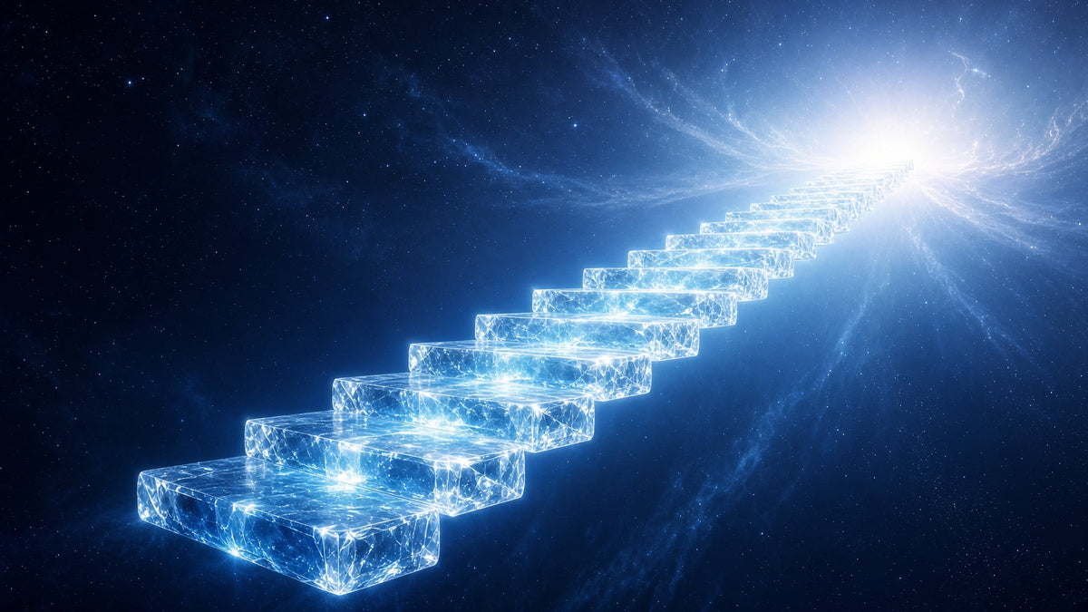 Flight of glowing ice blue crystal steps floating upward across the void, each step brighter than the last, toward a radiant horizon
