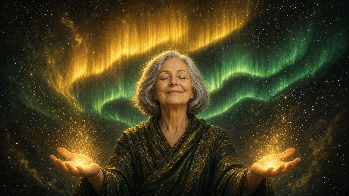 Smiling older woman with a grey bob and closed eyes holding up open palms that bloom with golden light beneath a gold and green aurora