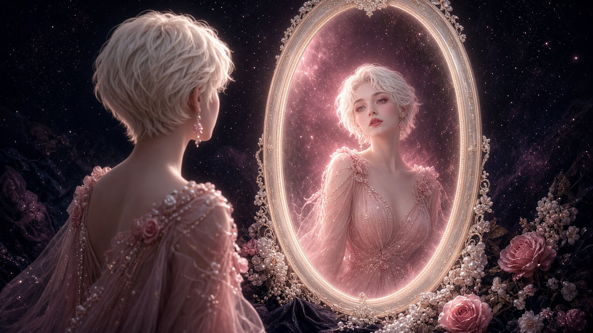 Young woman with short platinum hair facing an ornate glowing mirror where her reflection shines with a soft rose pink aura