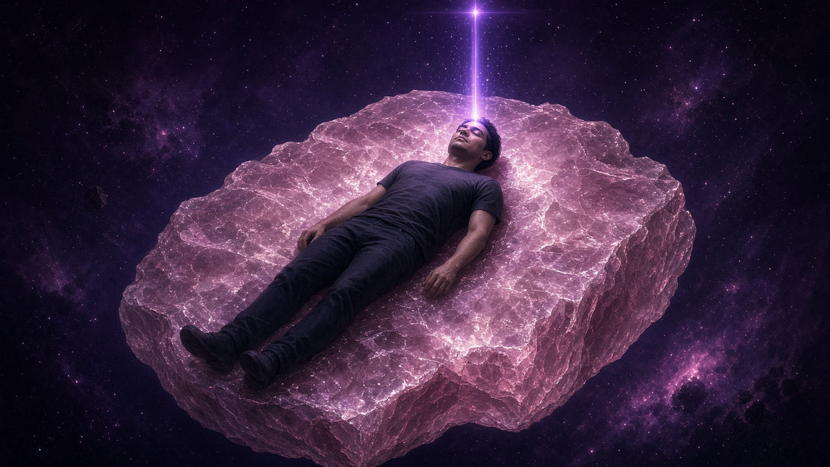 Man with short black hair resting on his back on a floating rose quartz slab, a violet beam of light rising from his crown to a bright star
