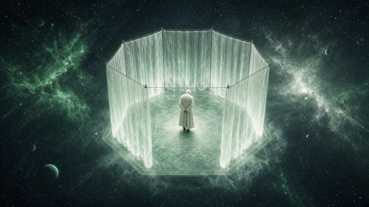 Elderly man with a white beard standing peacefully at the center of an octagon of soft glowing light curtains floating in a quiet jade cosmos