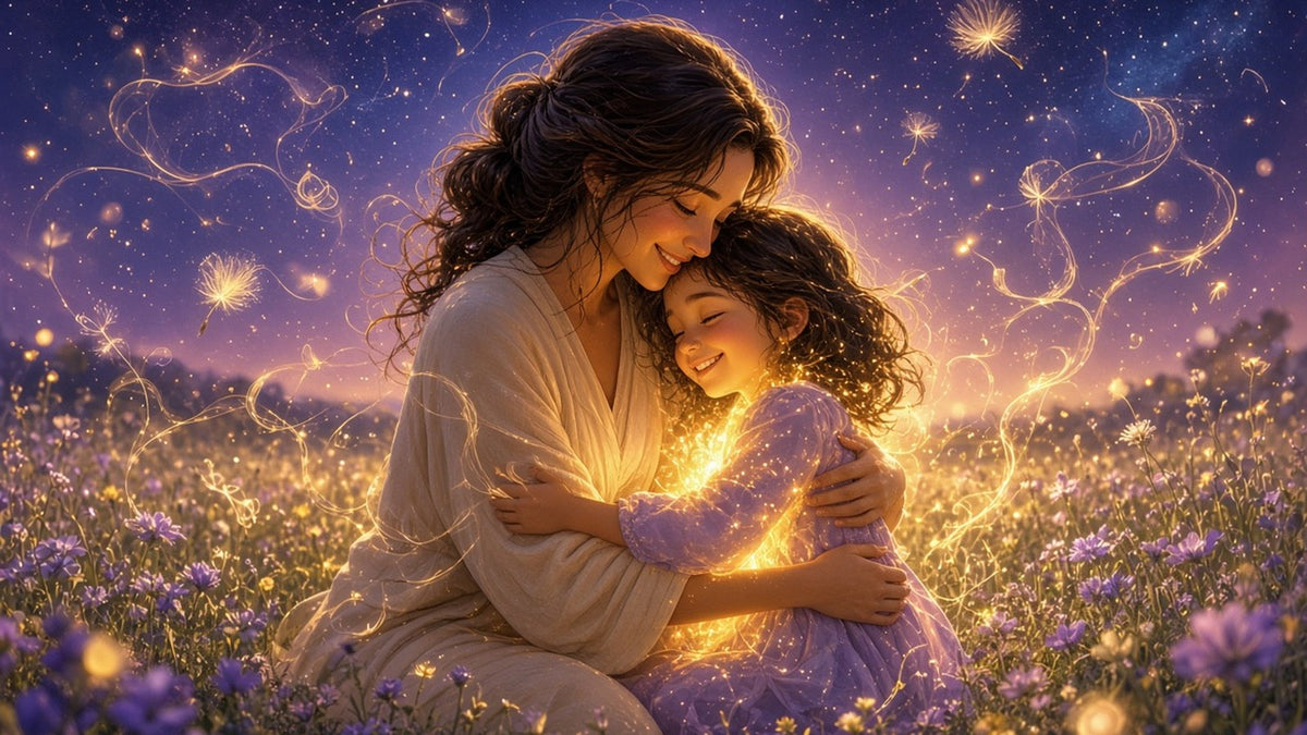 A warm adult woman kneeling in a sunlit meadow to gently embrace a glowing, smiling child version of herself