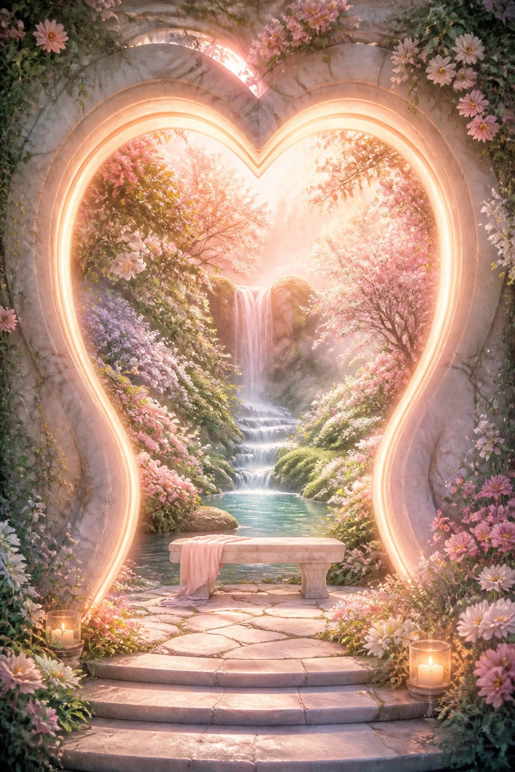 A luminous inner sanctuary garden inside a glowing heart shape, waterfall, flowers, a stone bench, dreamy pastel light