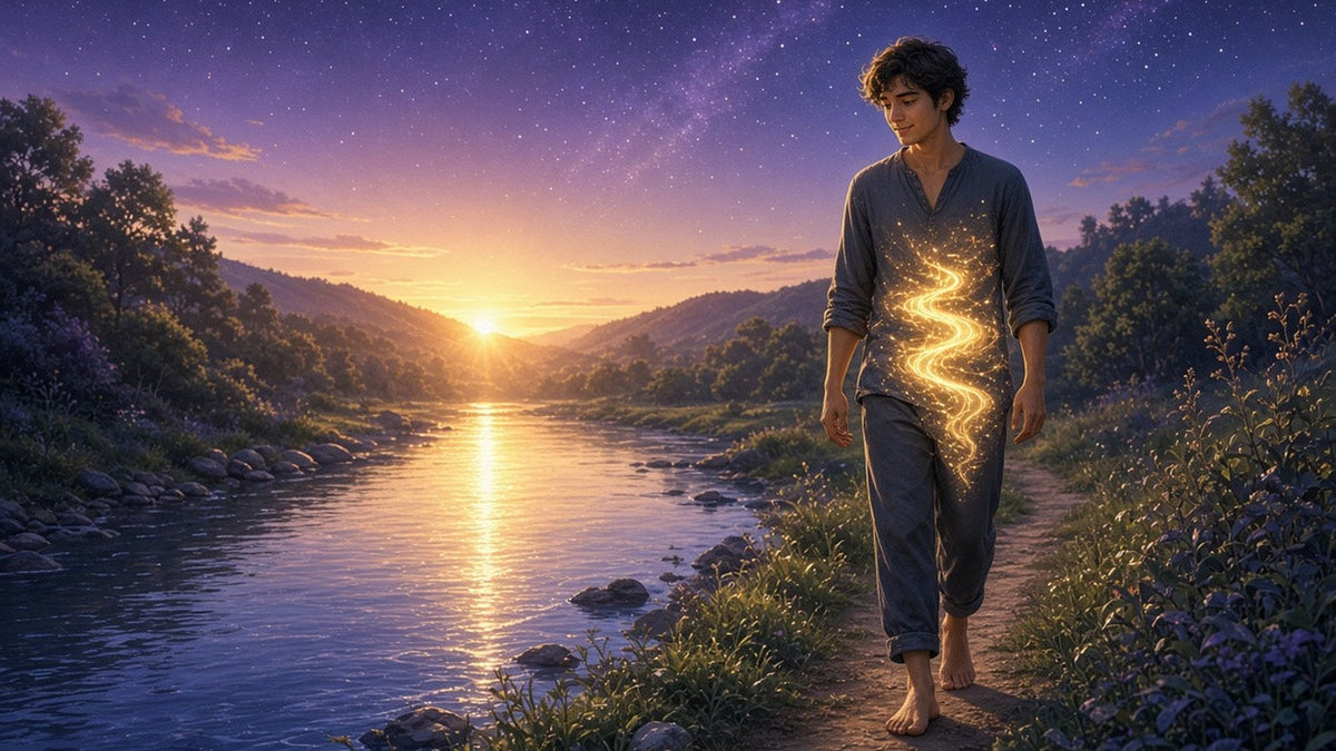 A calm person walking barefoot along a gentle river at sunrise