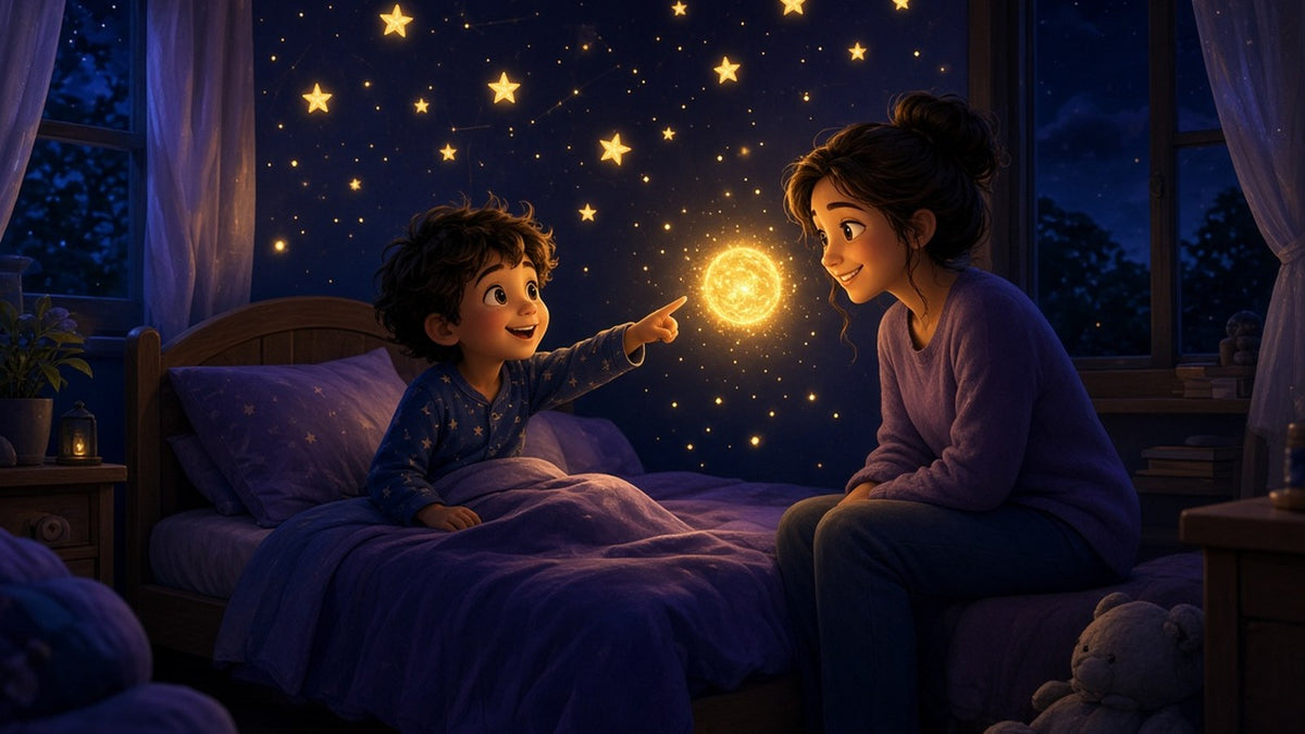 A cozy child's bedroom at night with glowing star stickers, a small child sitting up in bed smiling and pointing toward a soft