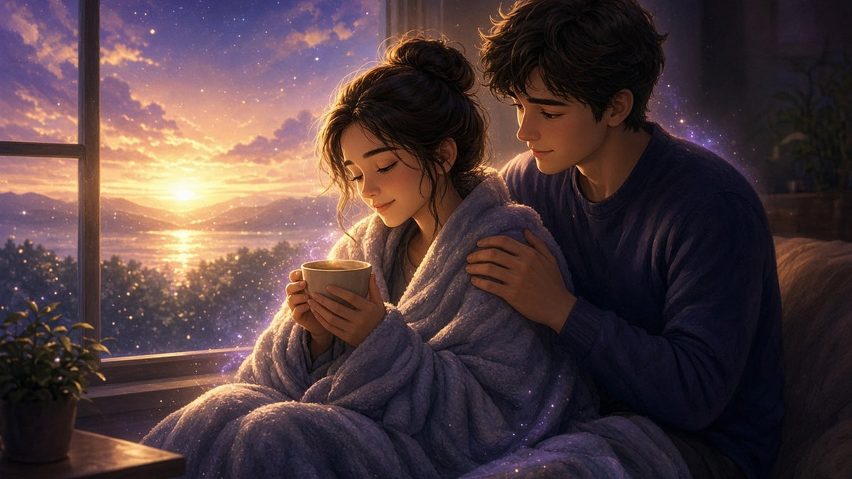 A gentle, comforting scene, a person sitting wrapped in a soft blanket by a window at dawn, a cup of tea in hand