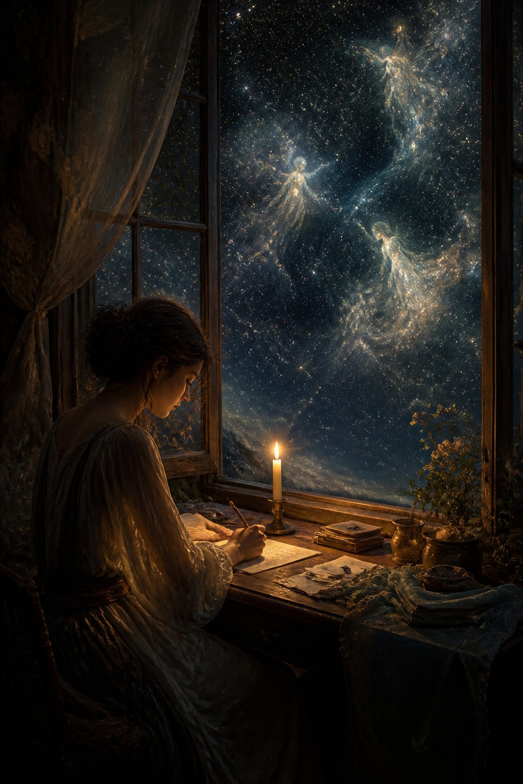 A person writing a letter by candlelight, the window open to a vast starfield, faint luminous figures of light among distant stars answering