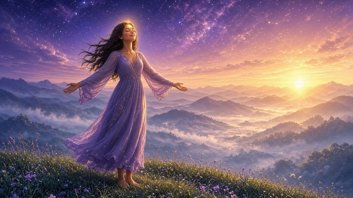 A peaceful woman standing barefoot on a dewy hilltop at sunrise, arms gently open, eyes softly closed