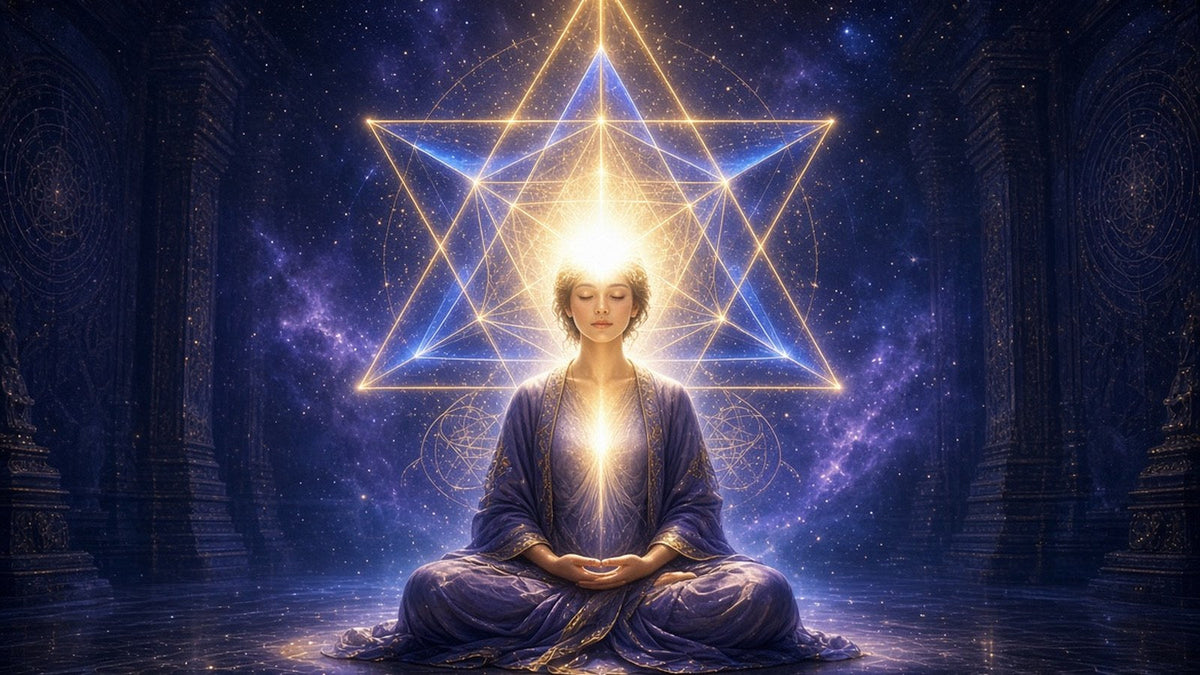 A serene person meditating in a dark temple, their head filled with brilliant soft white light that radiates outward