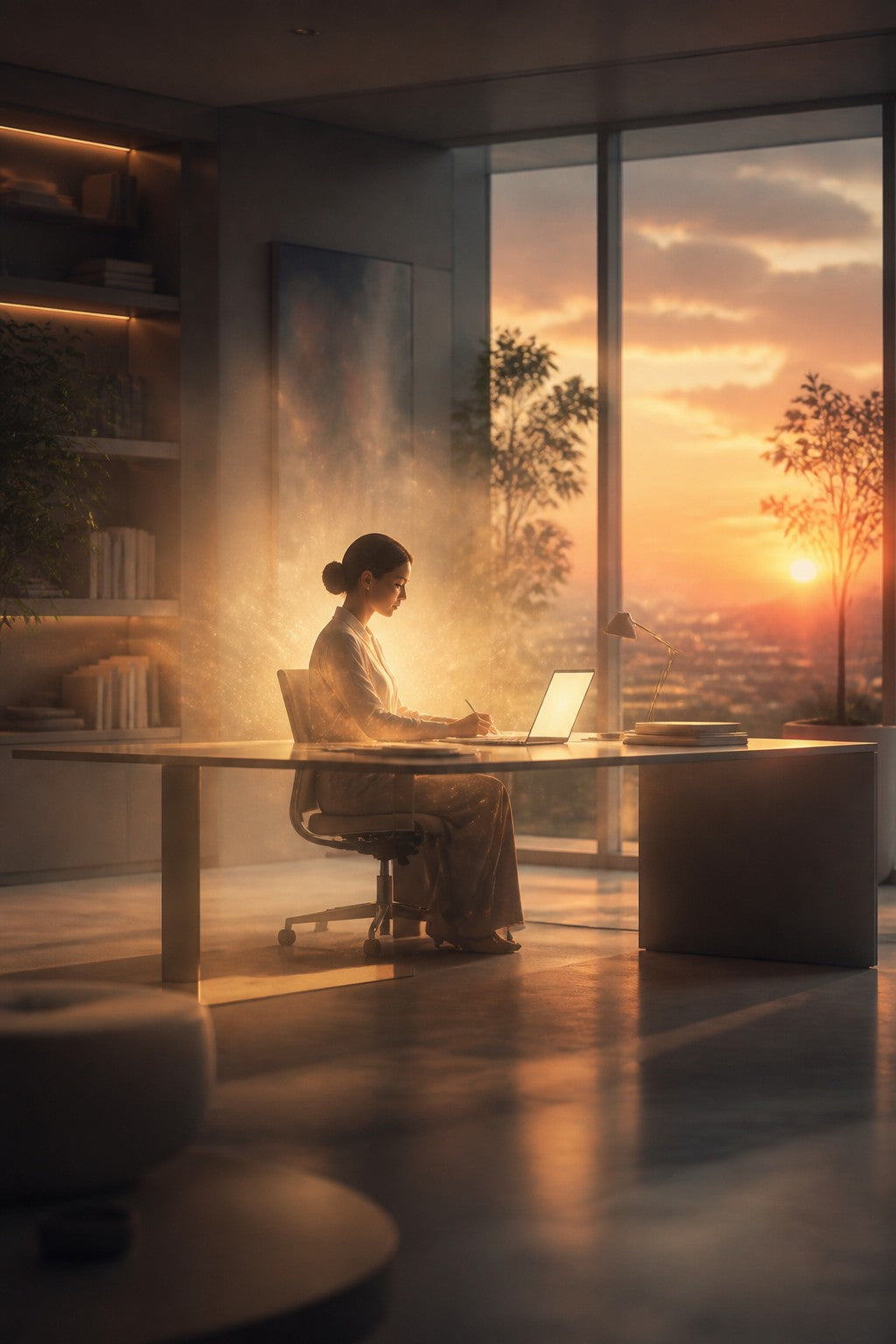 A modern office at sunset with one person working calmly, a faint halo of light around them steadying the room