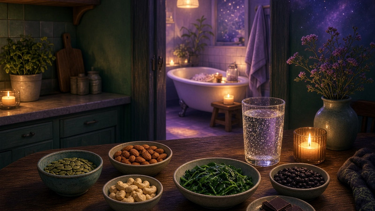 A cozy evening kitchen table in warm candlelight with small bowls of pumpkin seeds, almonds, cashews, cooked spinach