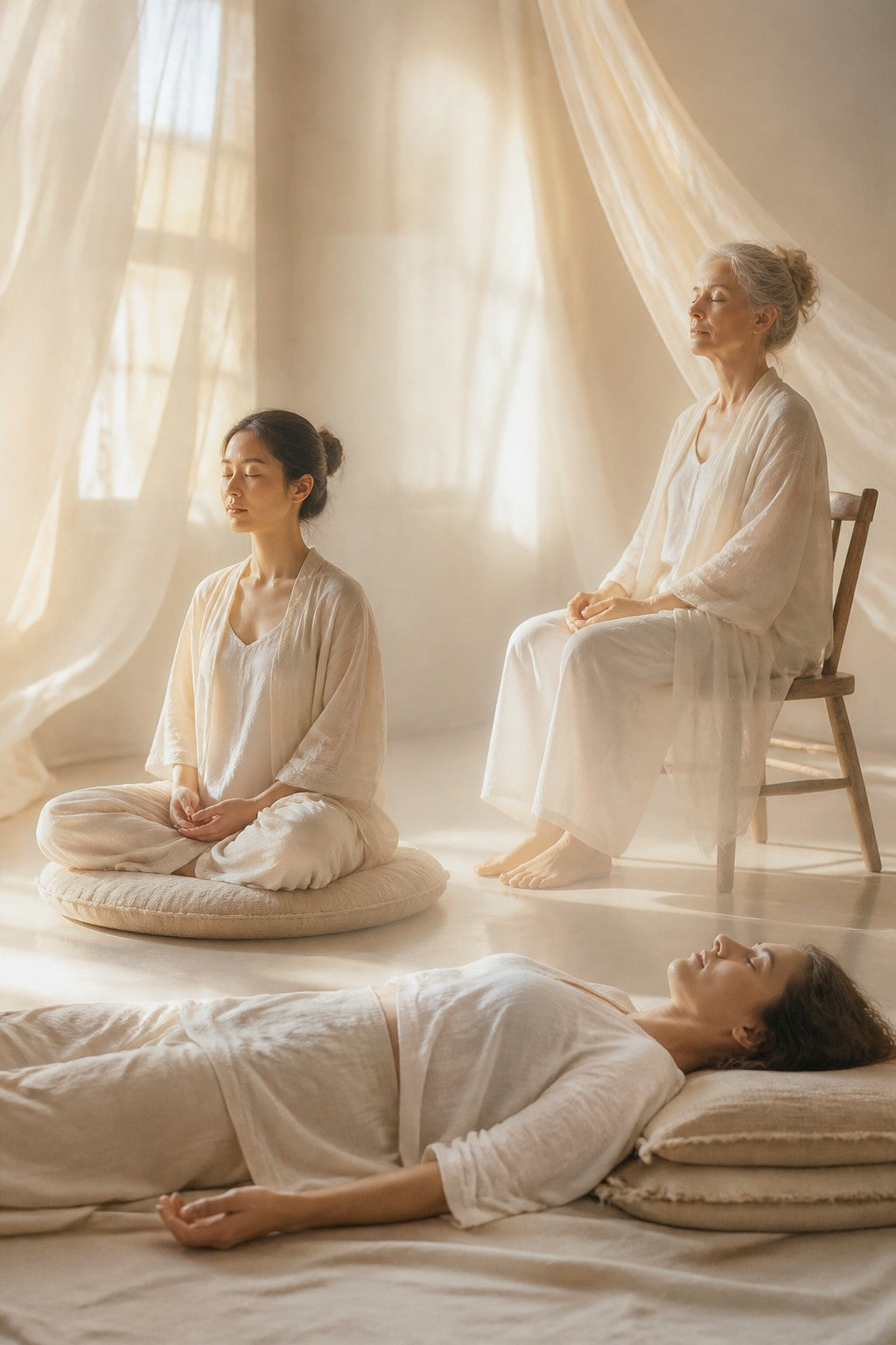 Three gentle figures meditating, one on a chair, one on a cushion, one lying down, each wrapped in soft light, airy studio