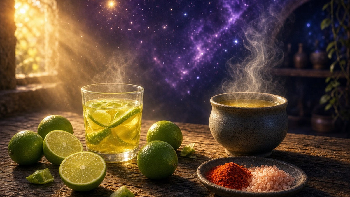 Sunrise light streaming across a rustic kitchen counter, a small glass of golden olive oil and lime juice, key limes cut open