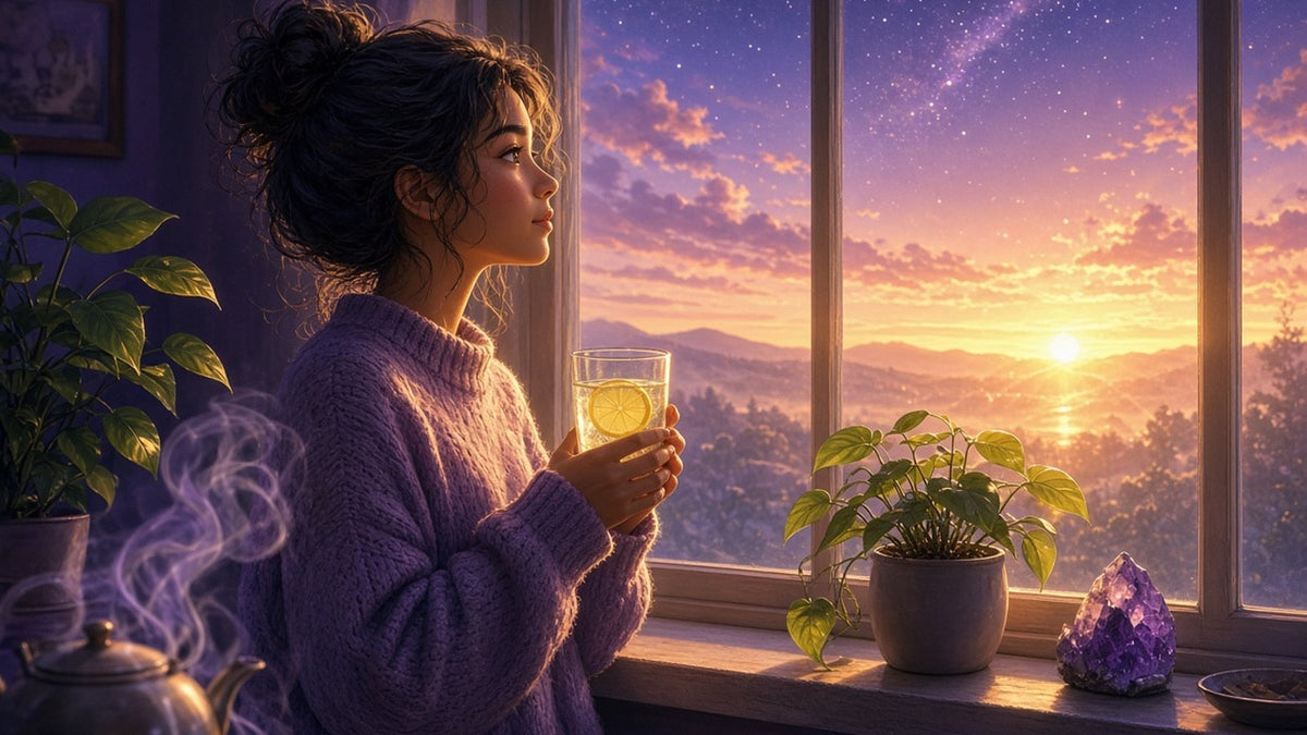 A person in a cozy sweater standing at a sunlit window at dawn, holding a glass of water with a lemon slice