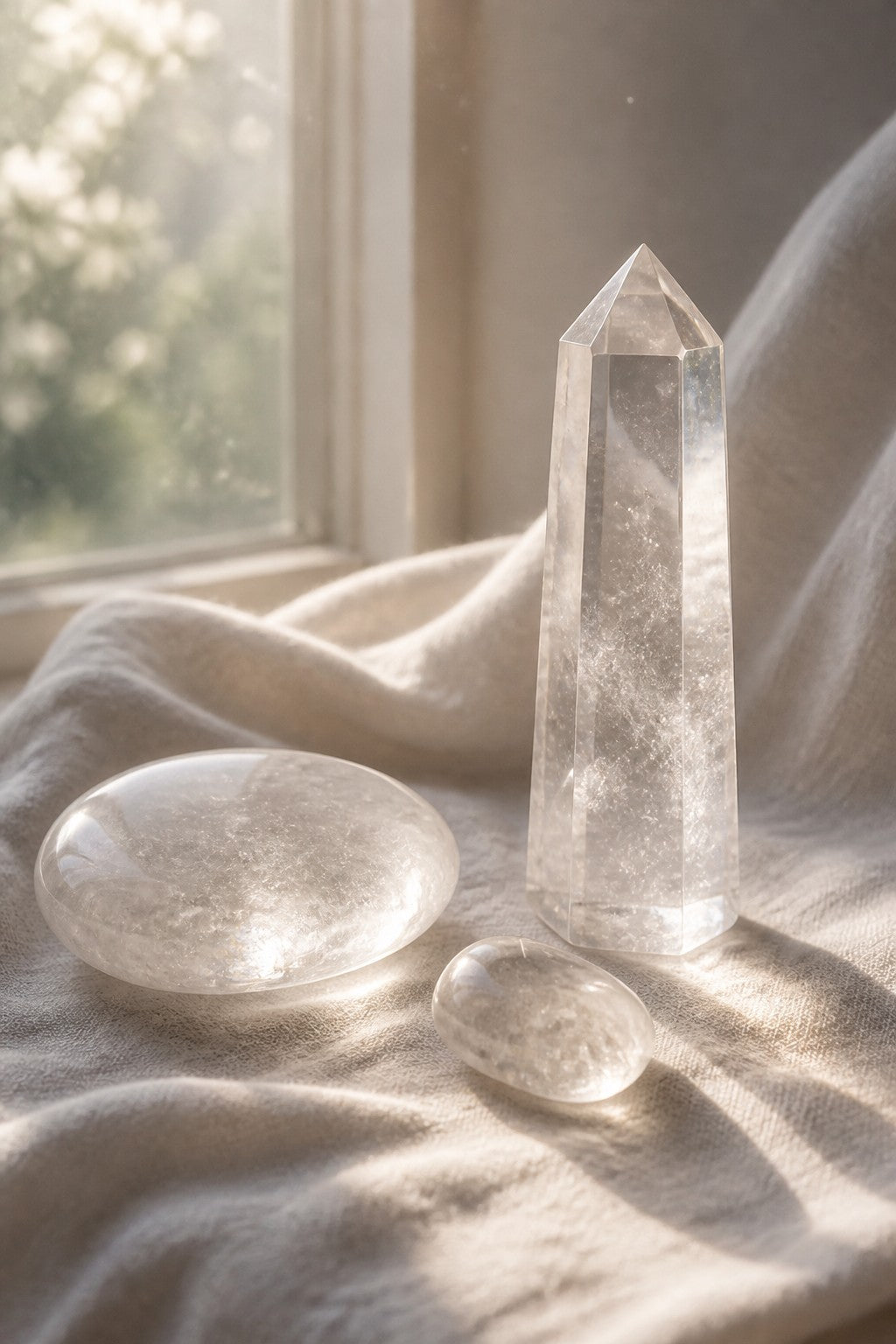 A palm stone, a tumbled stone and a tall clear quartz tower arranged on a pale linen cloth beside a window, morning light catching each shape differently, dust motes floating