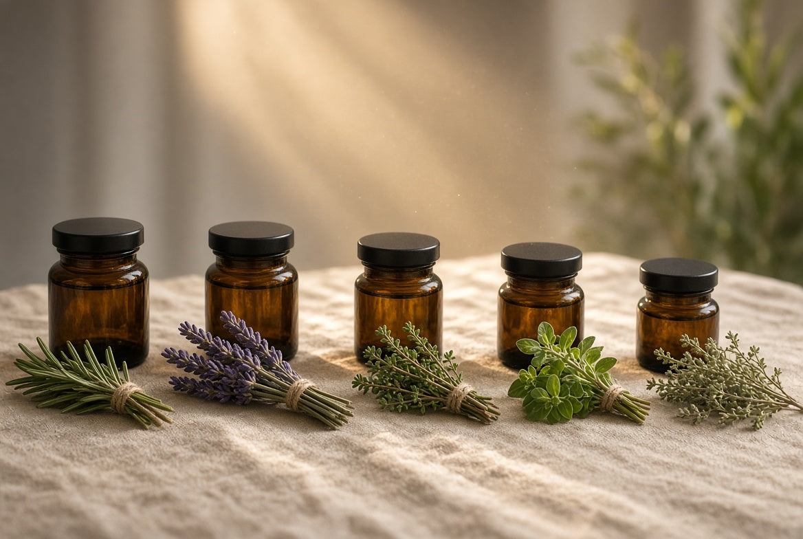 Five amber jars lined up on a wooden shelf for a gentle step by step routine