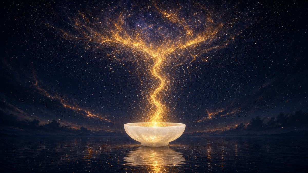 Alabaster prayer bowl on a still lake releasing golden embers into a starlit heaven