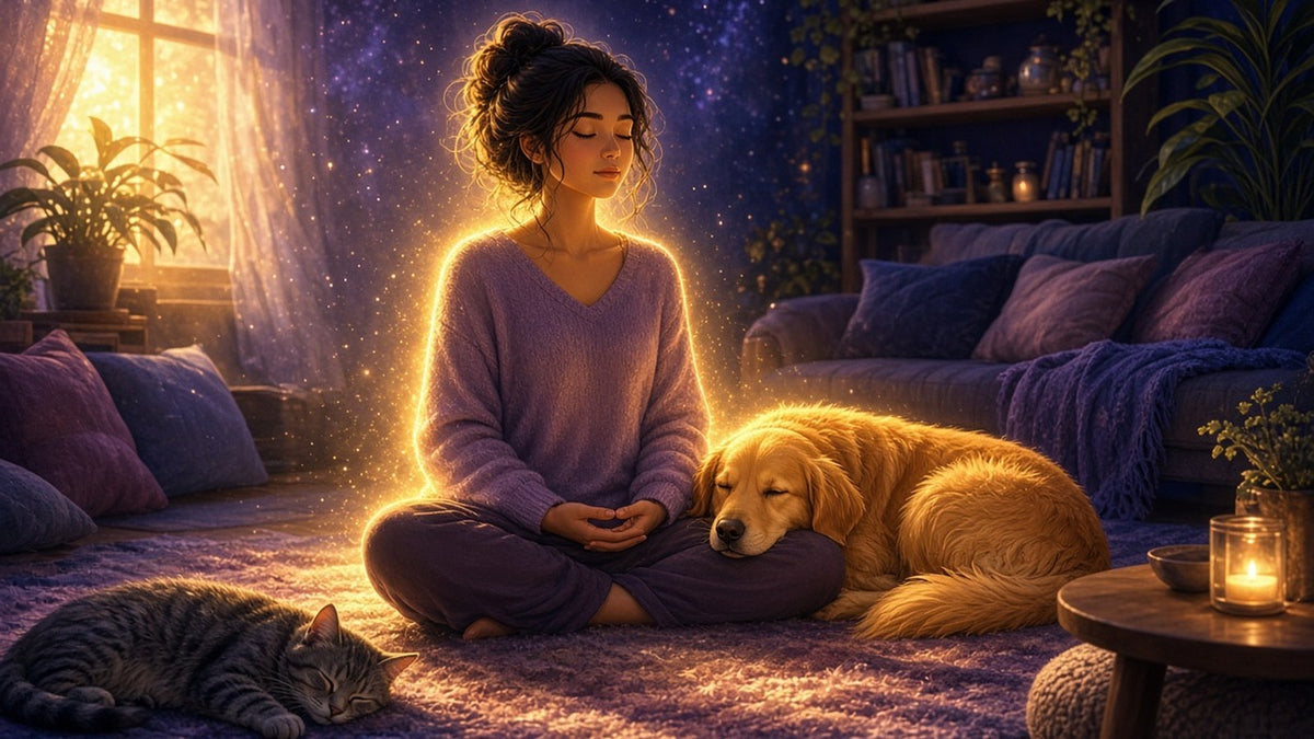 A peaceful cozy living room with a woman sitting cross-legged on a rug, eyes softly closed, hands resting open in her lap