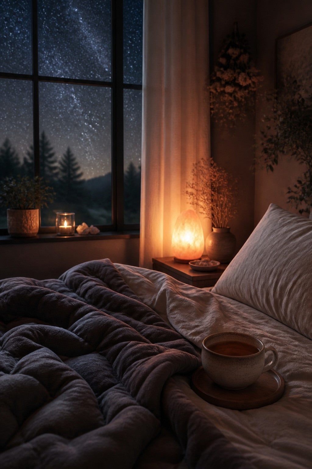 A cozy evening bedroom with a weighted blanket, herbal tea, dim salt lamp glow and a window of quiet stars, restorative calm