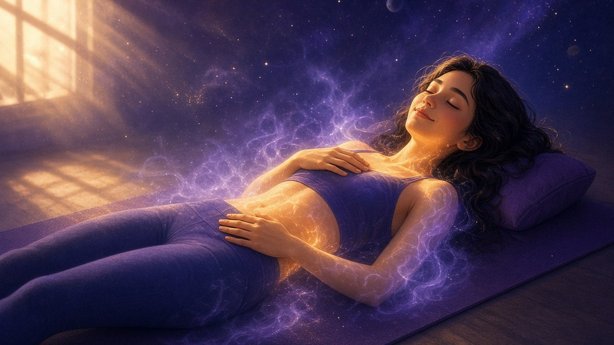 A peaceful woman lying on a yoga mat in a sunlit room with a hand on her stomach and one on her heart, her body softly glowing