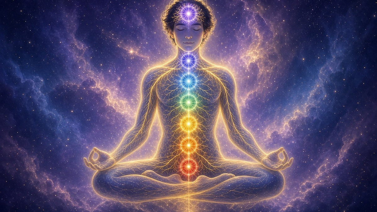 A translucent glowing human figure seated in meditation, the spine and branching nervous system drawn in fine golden light