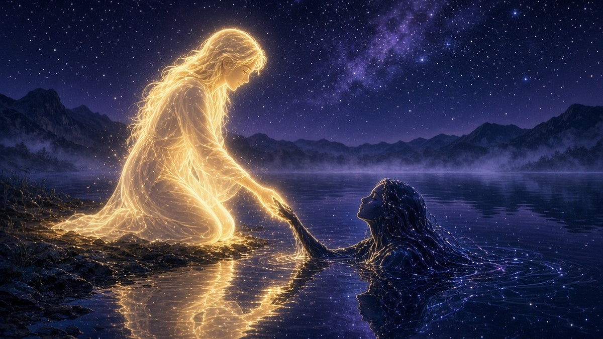 A luminous person of soft golden light kneeling at the edge of a still dark lake under a starry sky