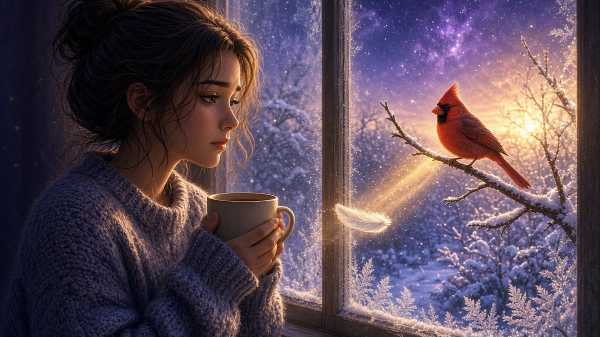 A grieving woman in a cozy sweater standing at a frosty window holding a warm mug