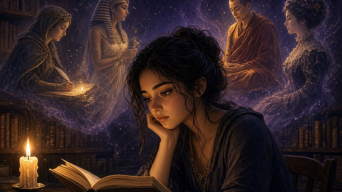 A thoughtful young woman reading by candlelight in a cozy book-lined room, her eyes calm and ancient