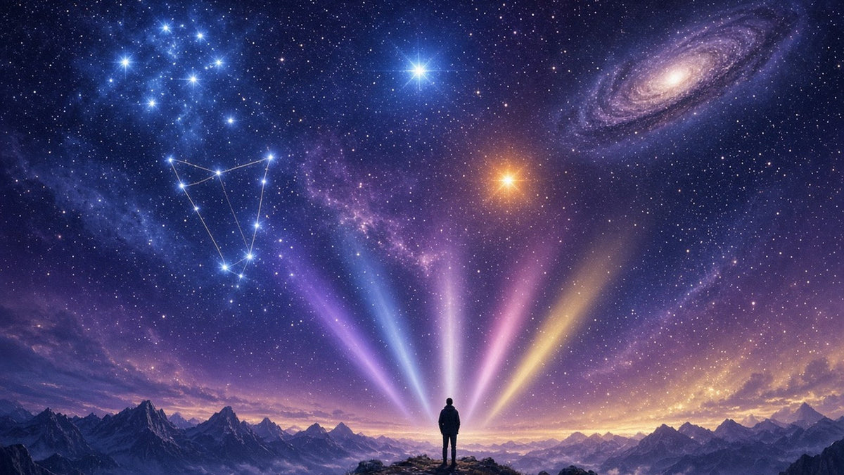 A breathtaking cosmic panorama, the blue-white Pleiades star cluster, brilliant Sirius, the orange glow of Arcturus