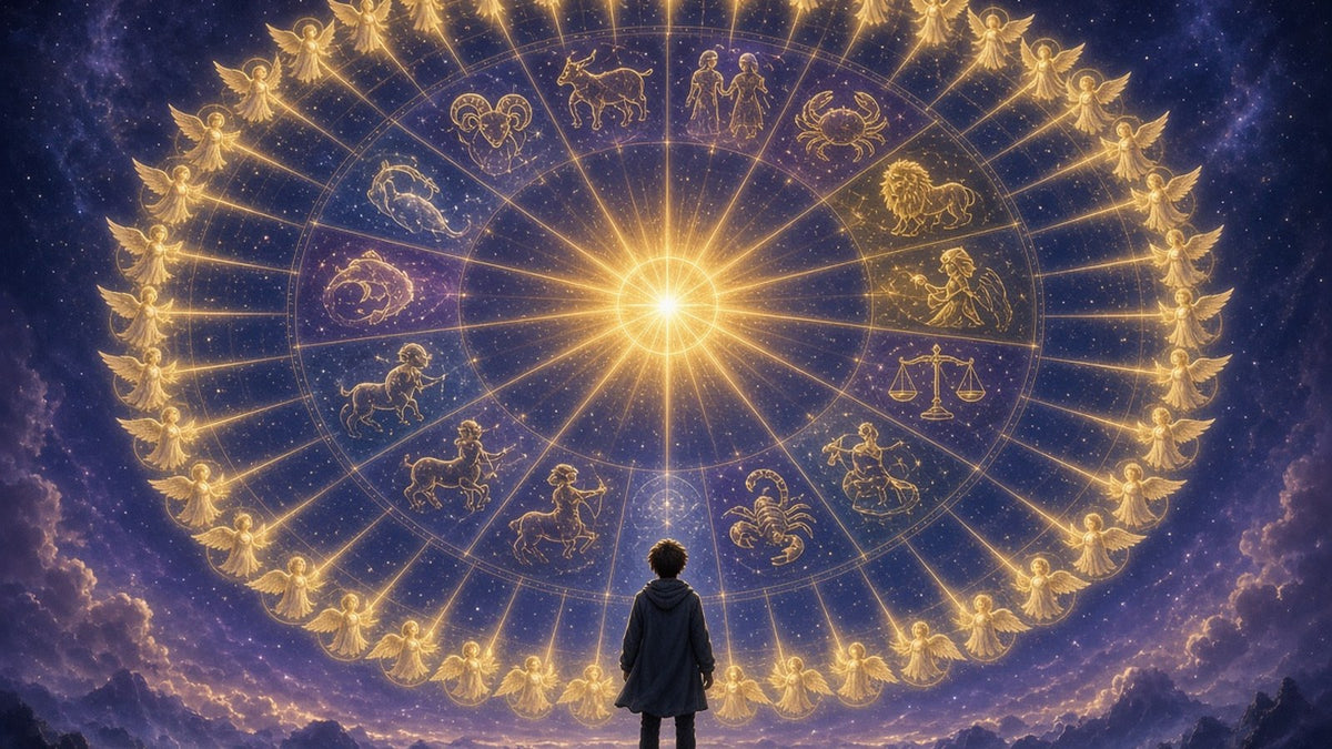 A vast cosmic wheel made of 72 small radiant angelic beings arranged in a circle around the twelve zodiac constellations